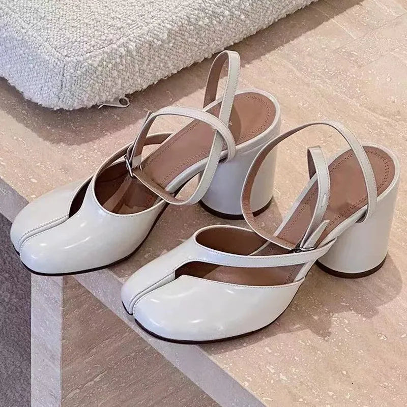 Women Patent Leather Tabi Split Toe Slingback High Heel Pumps Chunky Casual Shoes