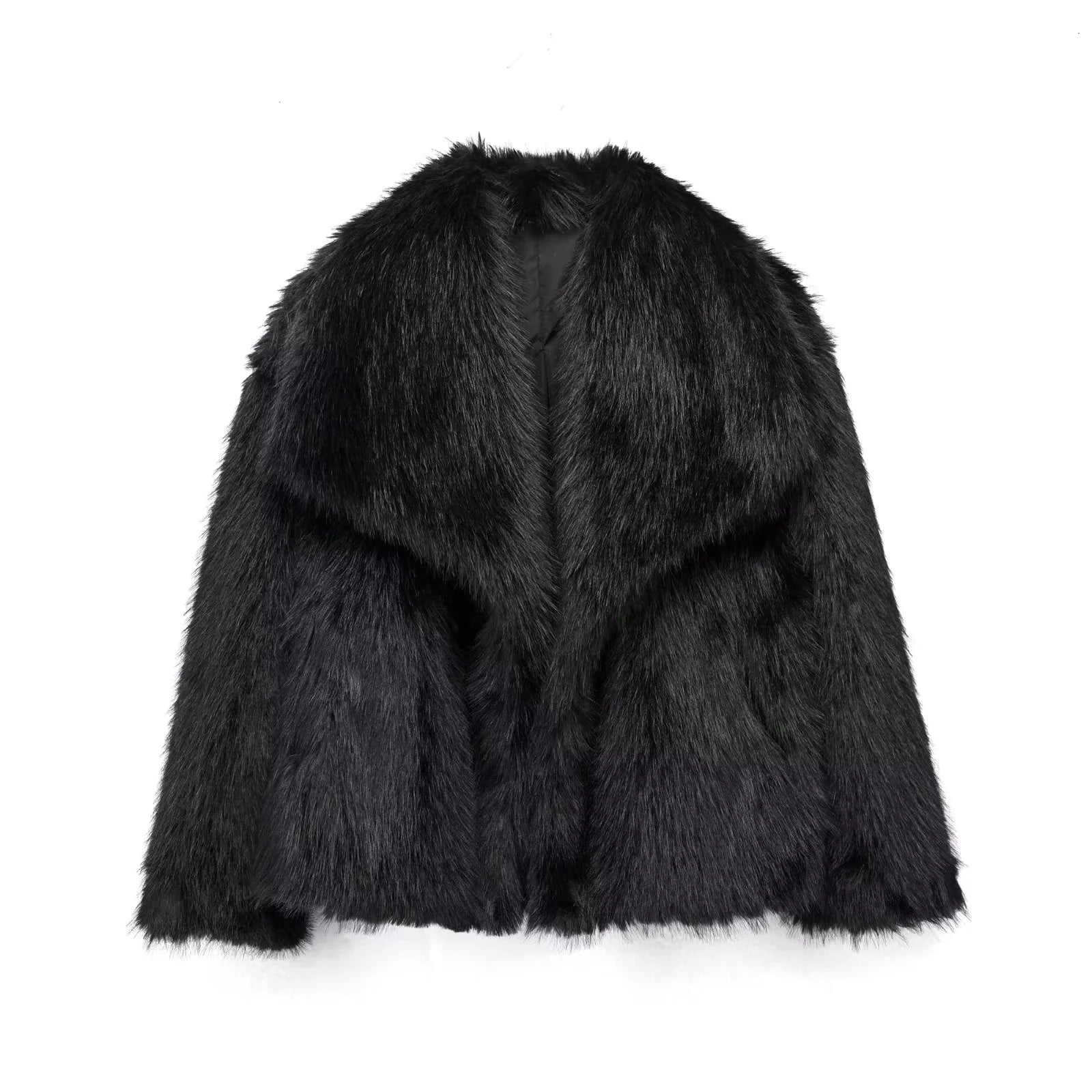 Women Brown Faux Fur Jacket Oversized Turn Down Collar Elegant Spring Summer Coat