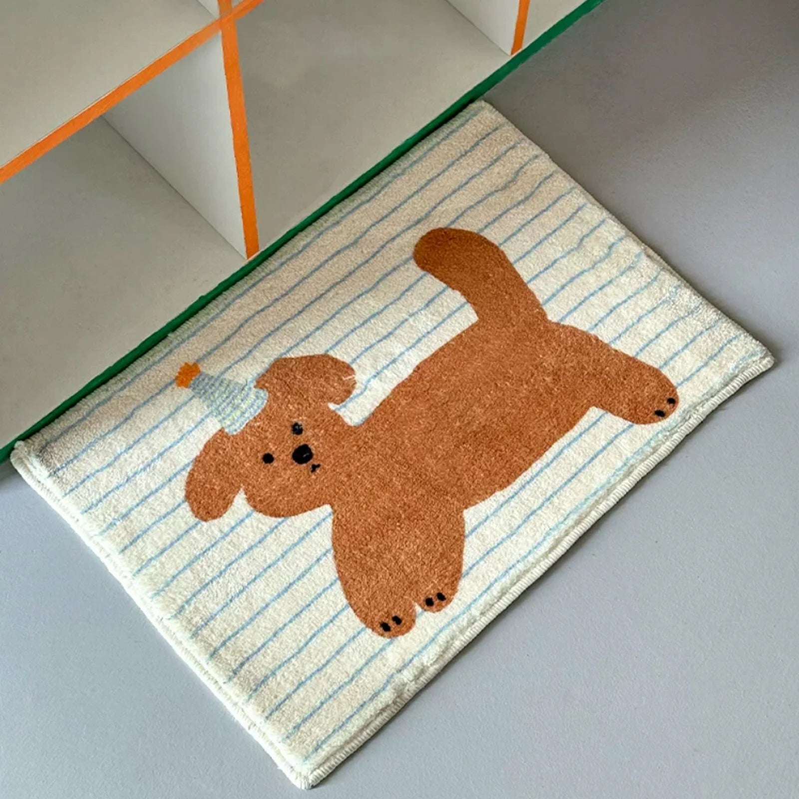 Striped Puppy Fleece Doormat Anti Slip Cute Bathroom Indoor Rug