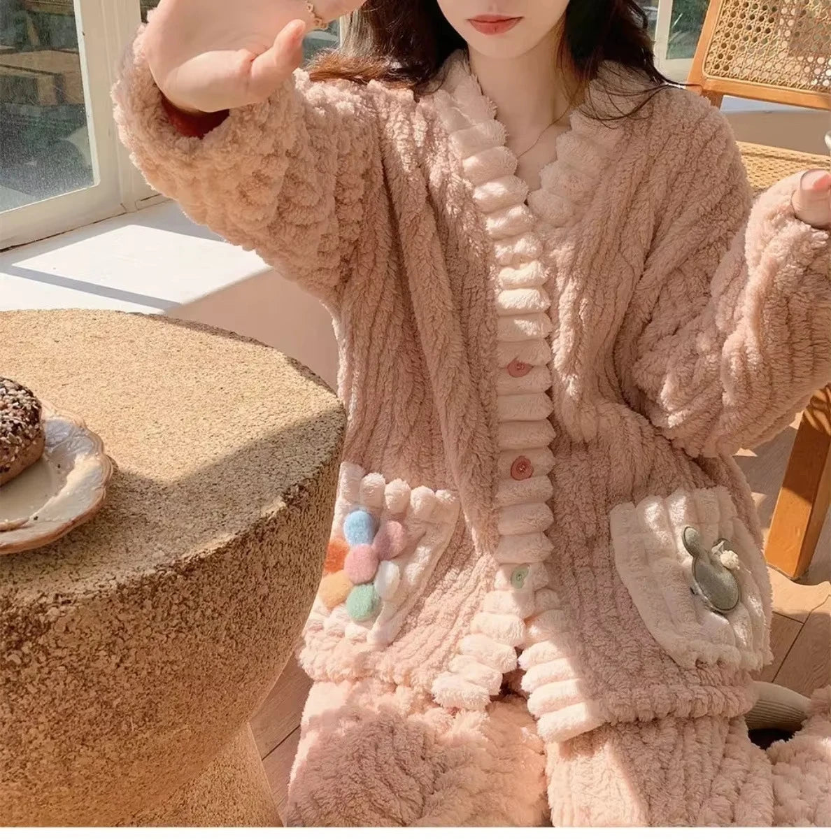 Women Flannel Pajama Set Warm Soft Kawaii Homewear Suit