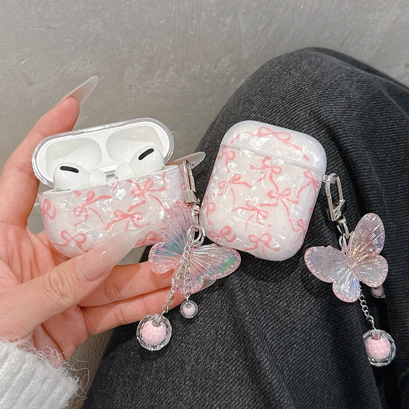 AirPods 1/2/3/4/Pro/Pro 2 Cute Bow Glitter Case with Butterfly Charm Keychain Protective Cover