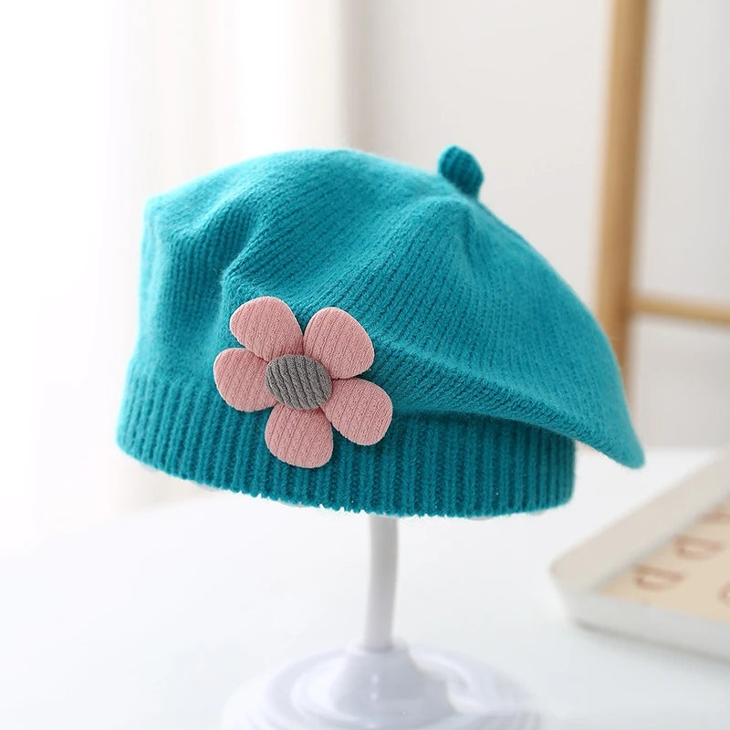 Baby Girl Flower Beret Warm Knit Beanie Hat