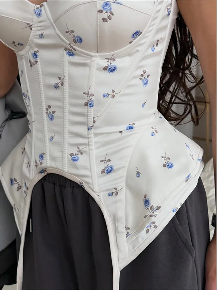 Women Floral Corset Cami Top Sweetheart Neck Irregular Hem Summer Bustier Top