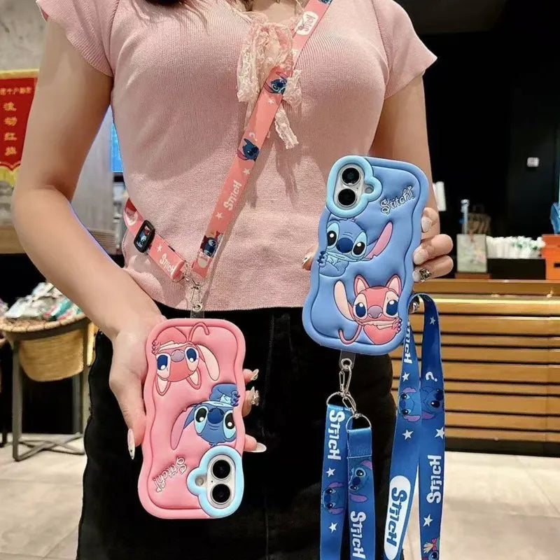 Cute 3D Stitch Shoulder Strap Silicone iPhone Case