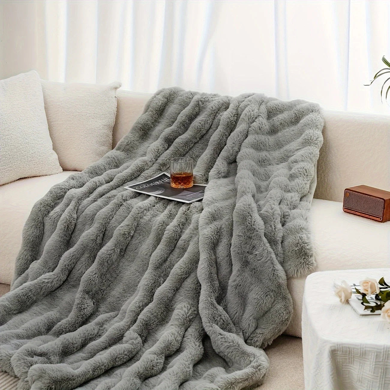 Faux Rabbit Fleece Blanket Soft Warm Throw Bedroom Living Room Dorm Cozy Blanket