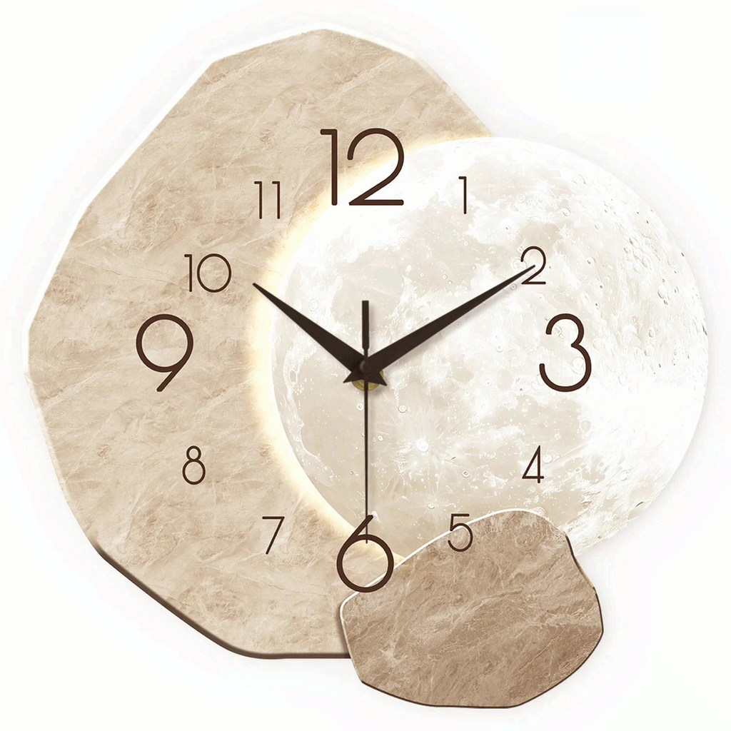 Silent Wooden Wall Clock Moon Design Quartz for Bedroom Living Room Office Decor