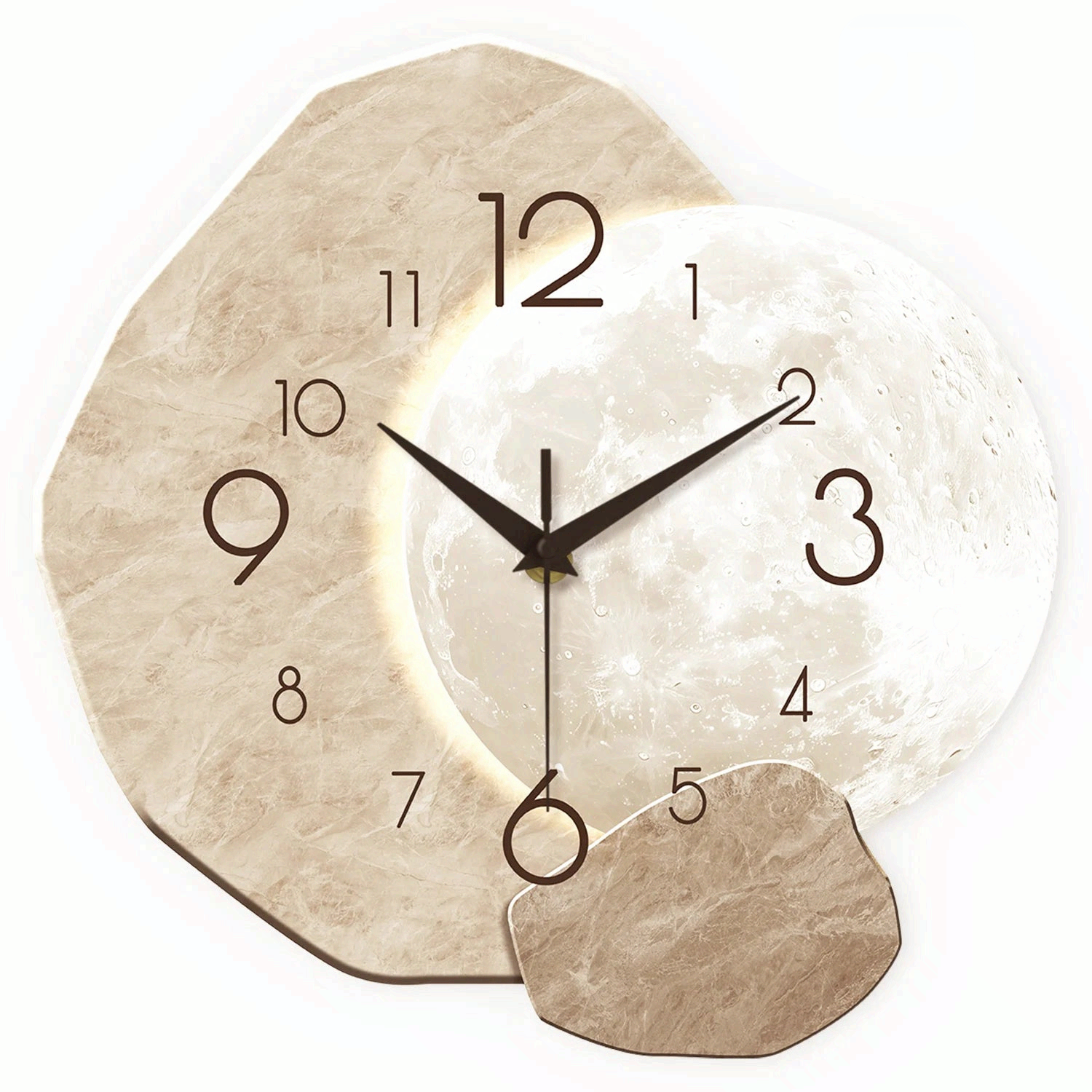 Silent Wooden Wall Clock Moon Design Quartz for Bedroom Living Room Office Decor