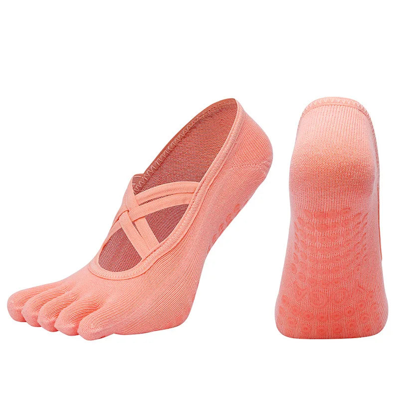Women Anti Slip Pilates Five Toe Yoga Socks Silicone Grip Cotton Fitness Socks 1–4 Pairs