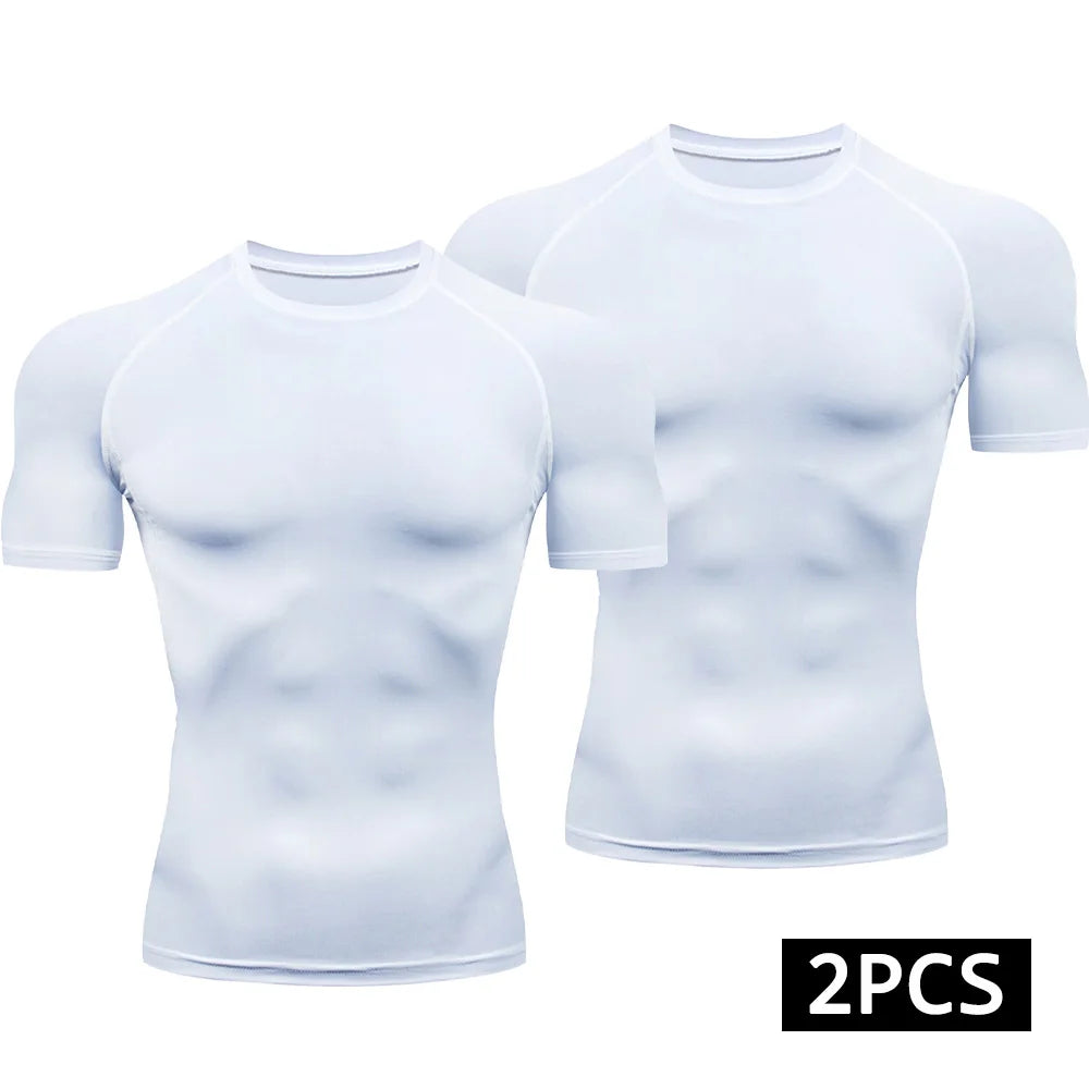 Men 2 Piece Compression T Shirt Set Quick Dry Running Gym Fitness Sport Tops