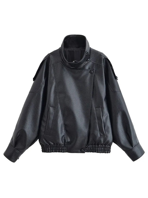 Women Faux Leather Zip Up Jacket Casual Long Sleeve PU Coat Streetwear