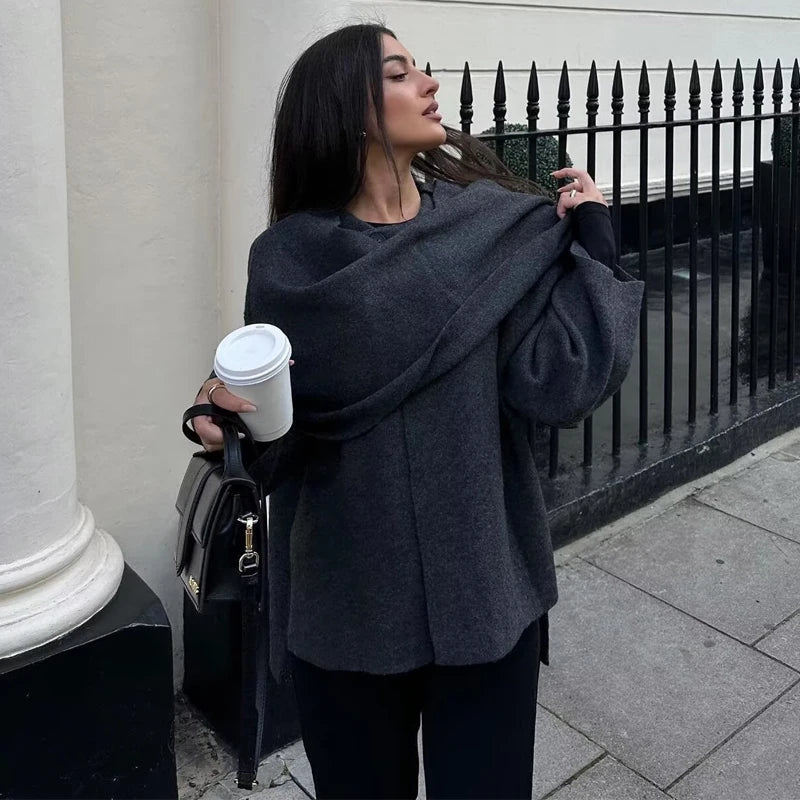 Women Plush Padded Coat Asymmetric Scarf Long Sleeve Winter Jacket