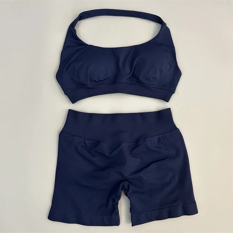 Seamless Yoga Set Halter Sports Bra Scrunch Shorts Gym Workout Fitness Set