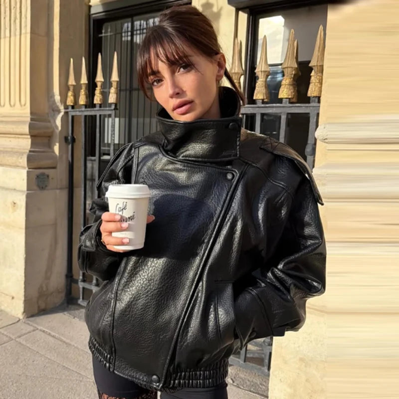 Women Black Cropped Faux Leather Bomber Jacket Oversize Zip Up Coat