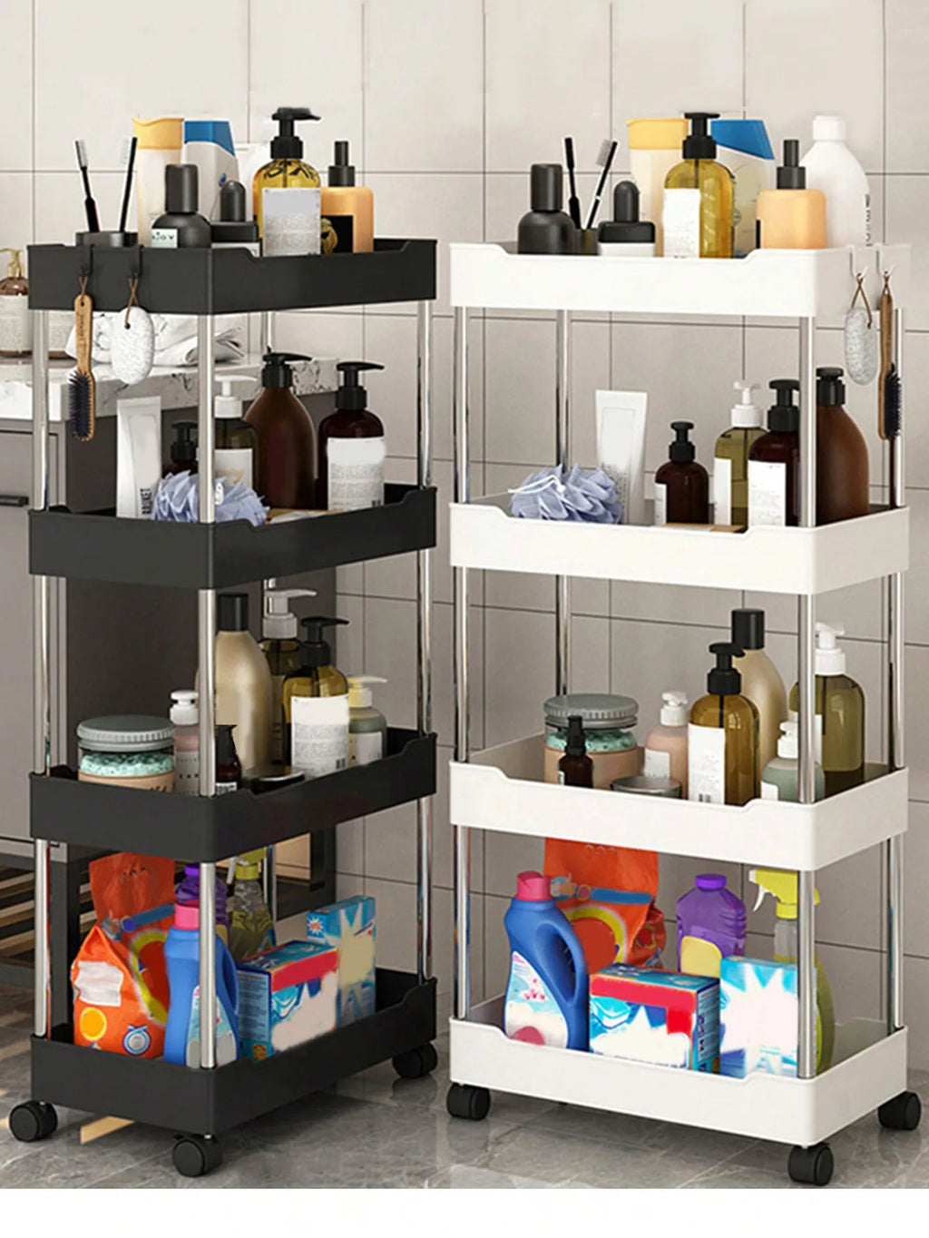 3/4 Tier Rolling Utility Cart Slim Storage Shelf Movable Kitchen Bathroom Rack