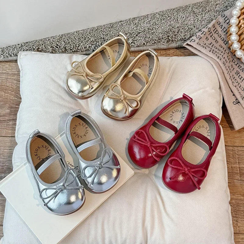 Girls Bow Leather Shoes Soft Sole Princess Flats for Kids