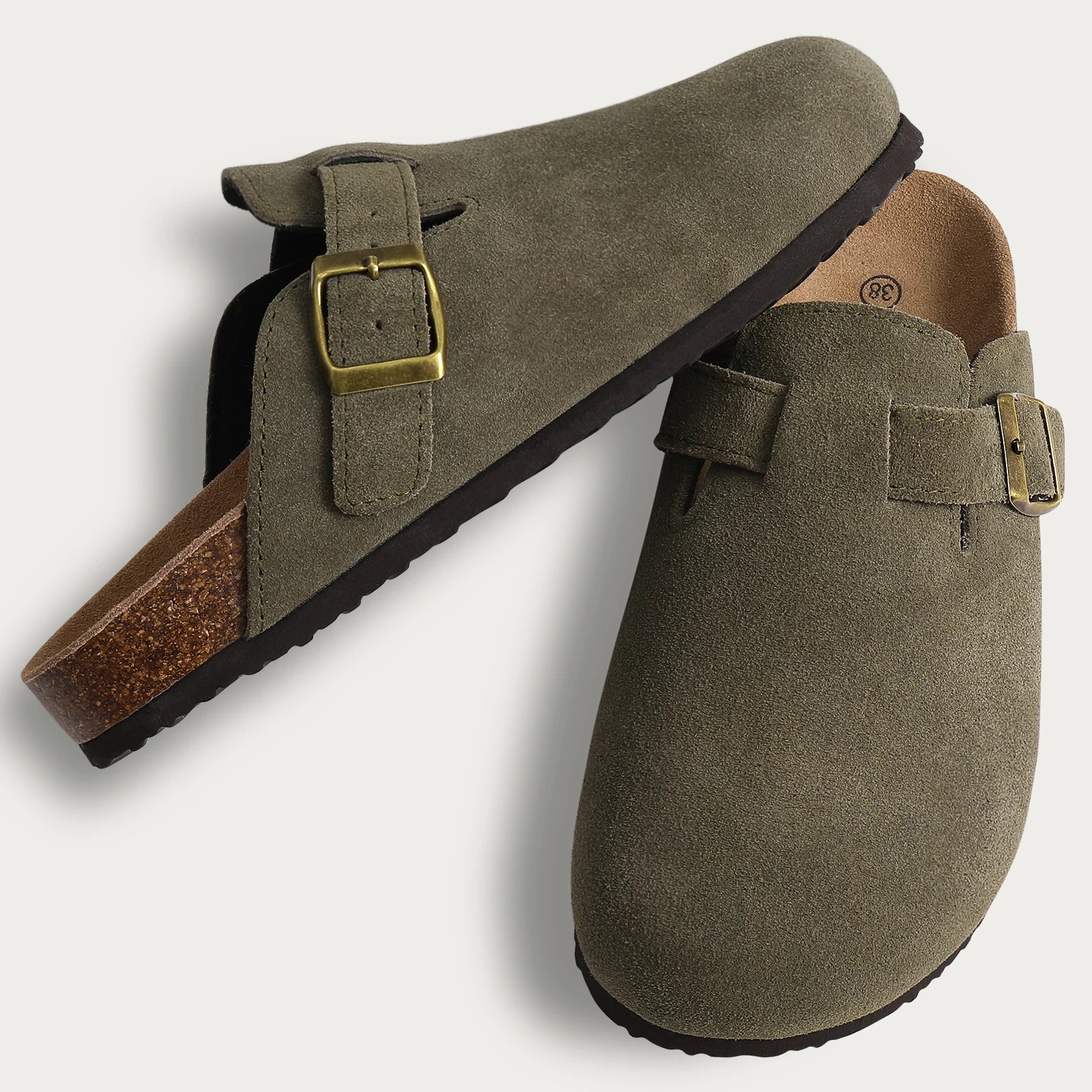 Suede Mule Slippers Cork Footbed Clogs Adjustable Buckle Slides Comfort Arch Support Sandals Women Men