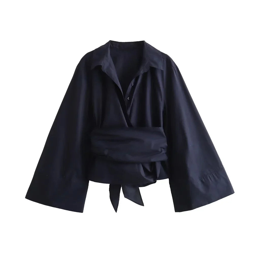 Women Polo Neck Bow Tie Short Poplin Shirt Double Breasted Casual Top