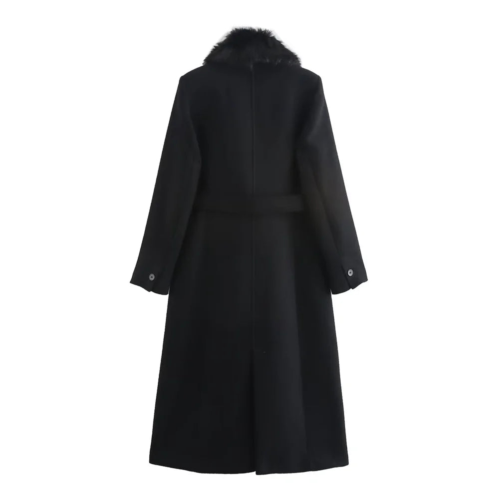 Women Belted Coat Faux Fur Collar Long Sleeve Warm Autumn Winter Jacket with Pockets