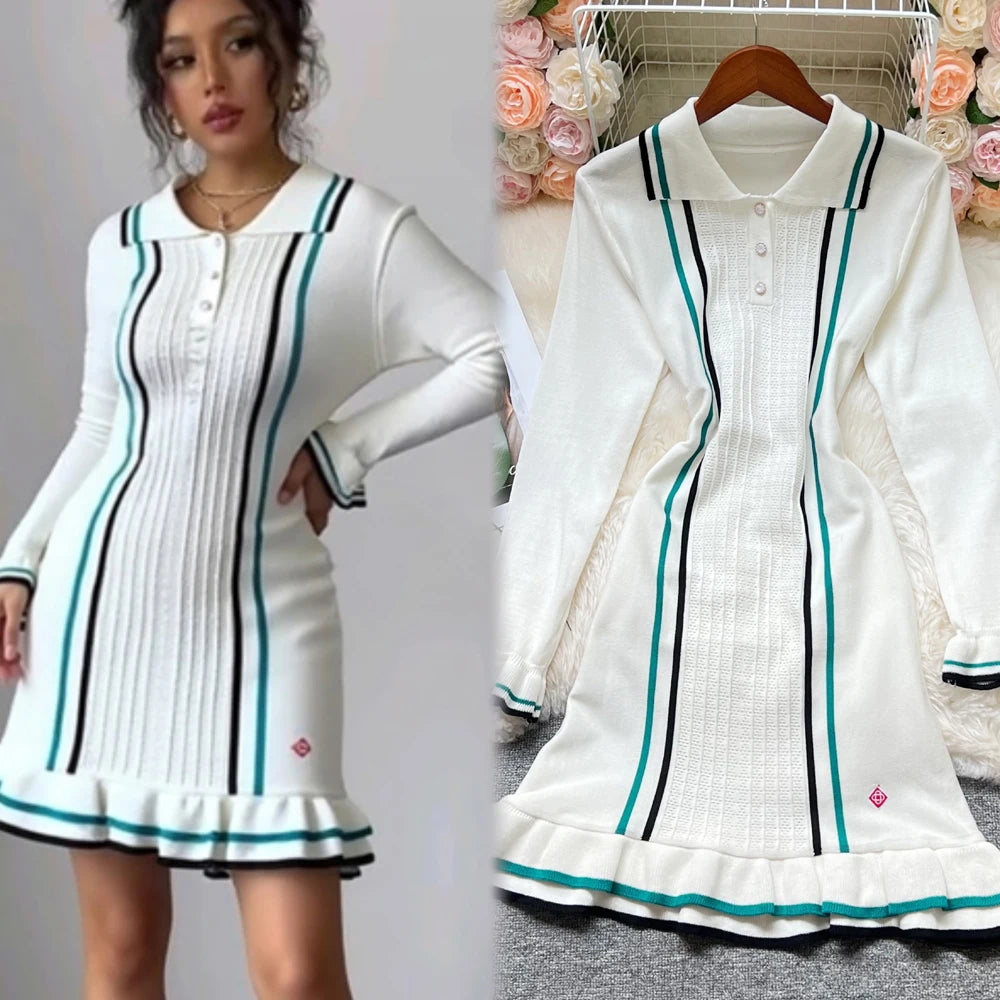Women Knitted Mini Dress Turn Down Collar Ruffle Hem Slim Fit Summer Party Streetwear Dress