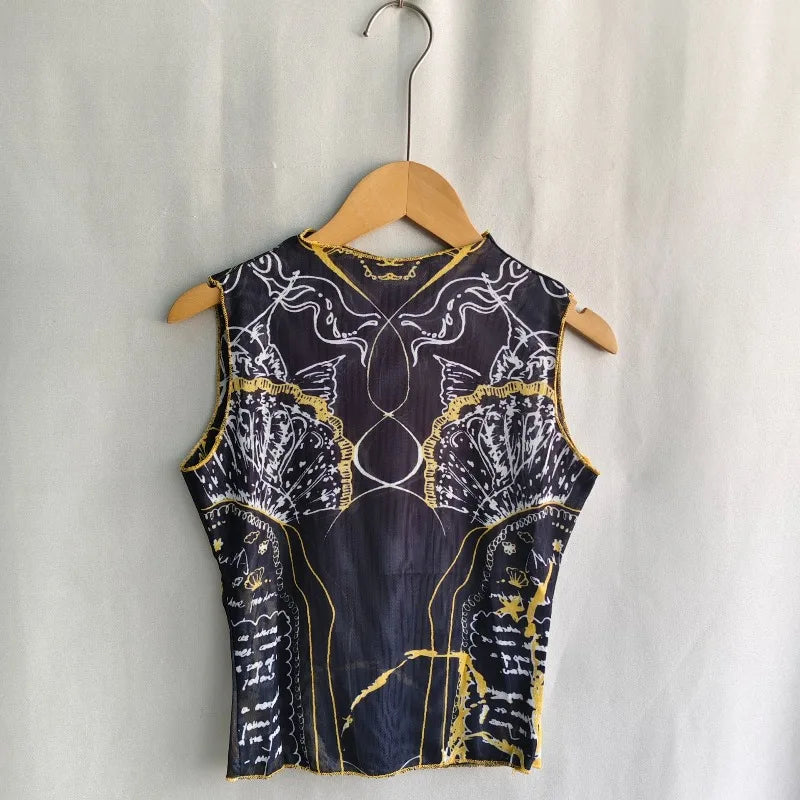 Y2K Mesh Print Crop Tank Top for Women Slim Fit Cami