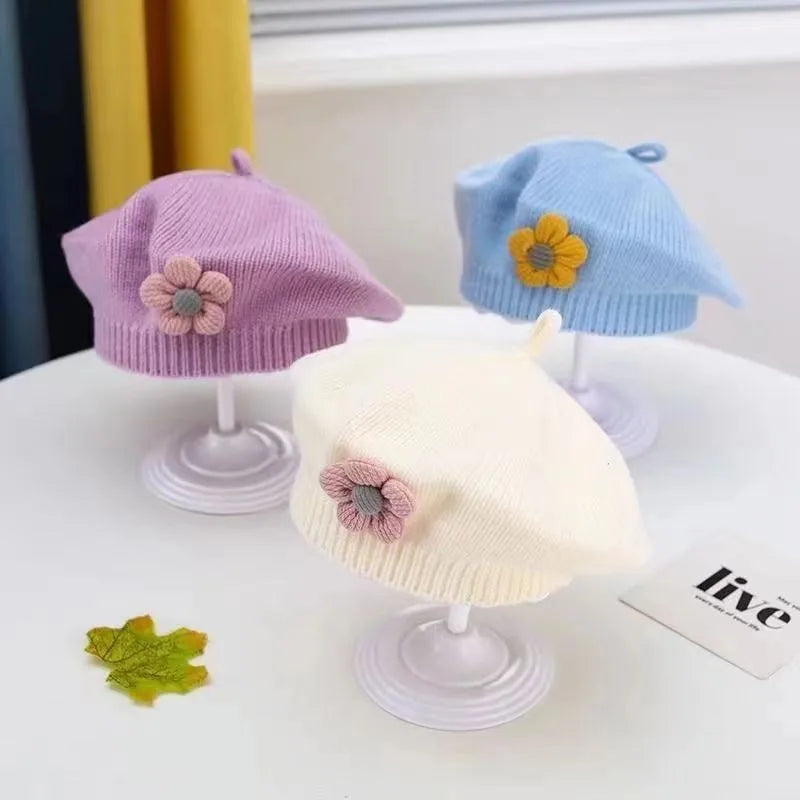 Baby Girl Flower Beret Warm Knit Beanie Hat