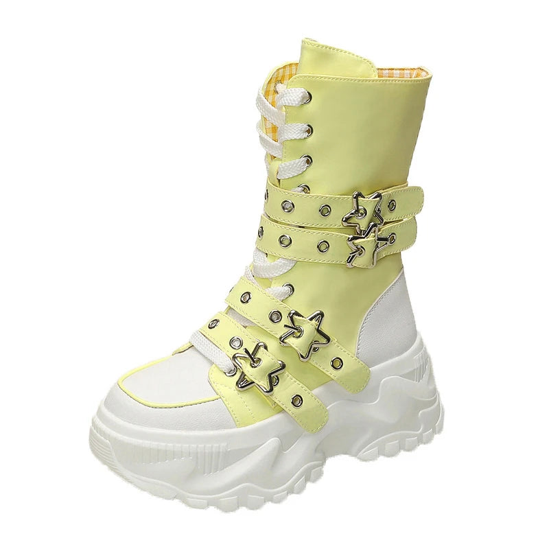 Women Round Toe Lace Up Platform Mid Calf Boots Non Slip Autumn Winter