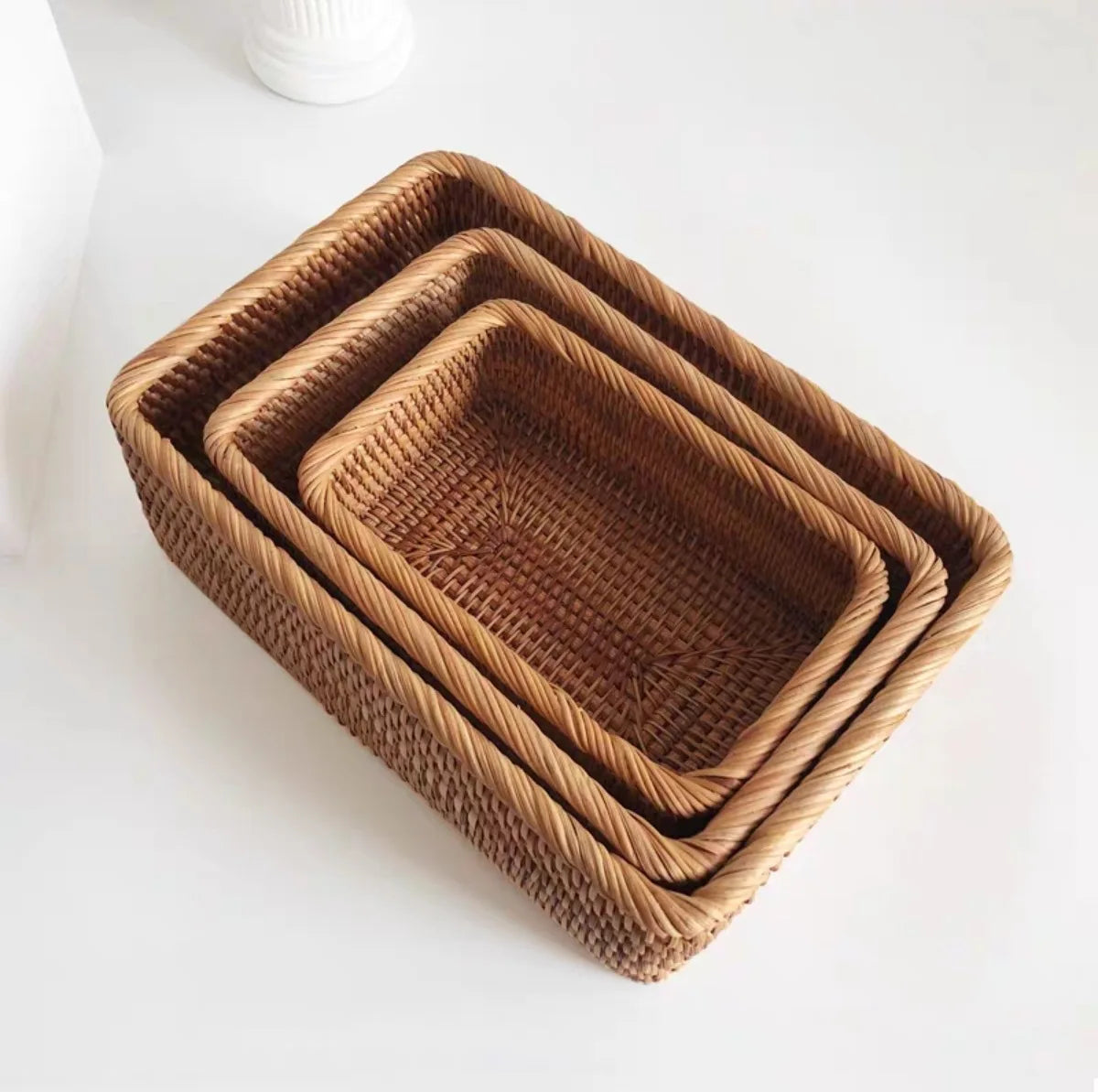 Hand Woven Rattan Basket Rectangular Storage Fruit Bread Snack Cosmetic Organizer
