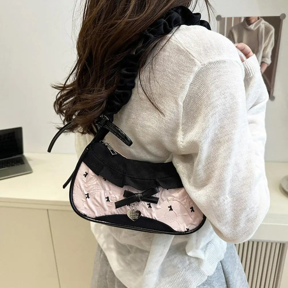 Women Grid Shoulder Bag Lace Ribbon Underarm Handbag
