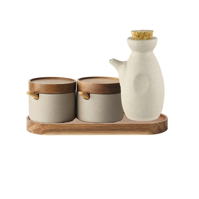Ceramic Seasoning Jar with Bamboo Lid Spoon Japanese Spice Container Kitchen Storage