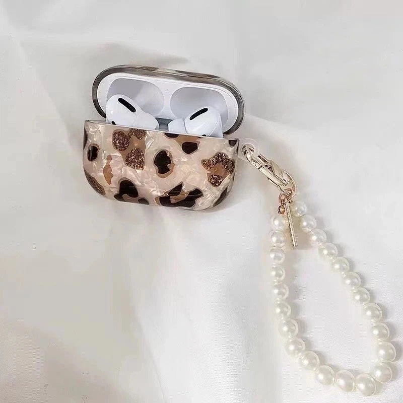 AirPods 1/2/3/Pro Pearl Leopard Case with Charm Luxury Protective Cover Shockproof Sleeve
