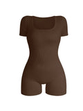 Women Square Neck Bodycon Jumpsuit High Waist Short Sleeve One Piece Outfit