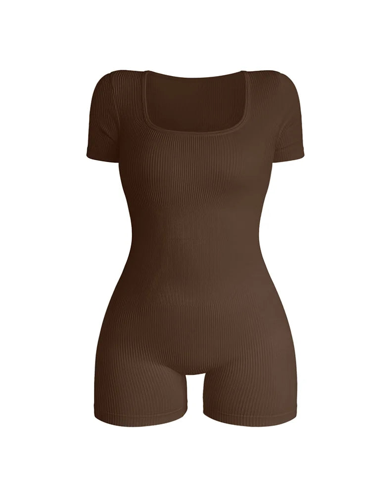 Women Square Neck Bodycon Jumpsuit High Waist Short Sleeve One Piece Outfit