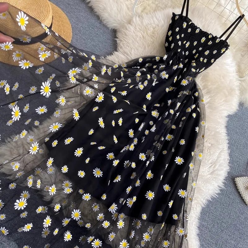 Women Floral Mesh Dress Spaghetti Strap Party Beach Vacation Dress 2026