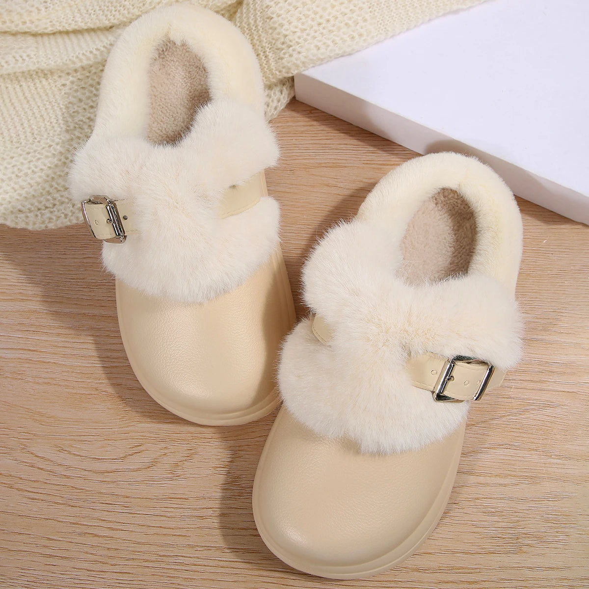 Women Furry EVA Clogs Thick Sole Warm Plush Winter Slippers