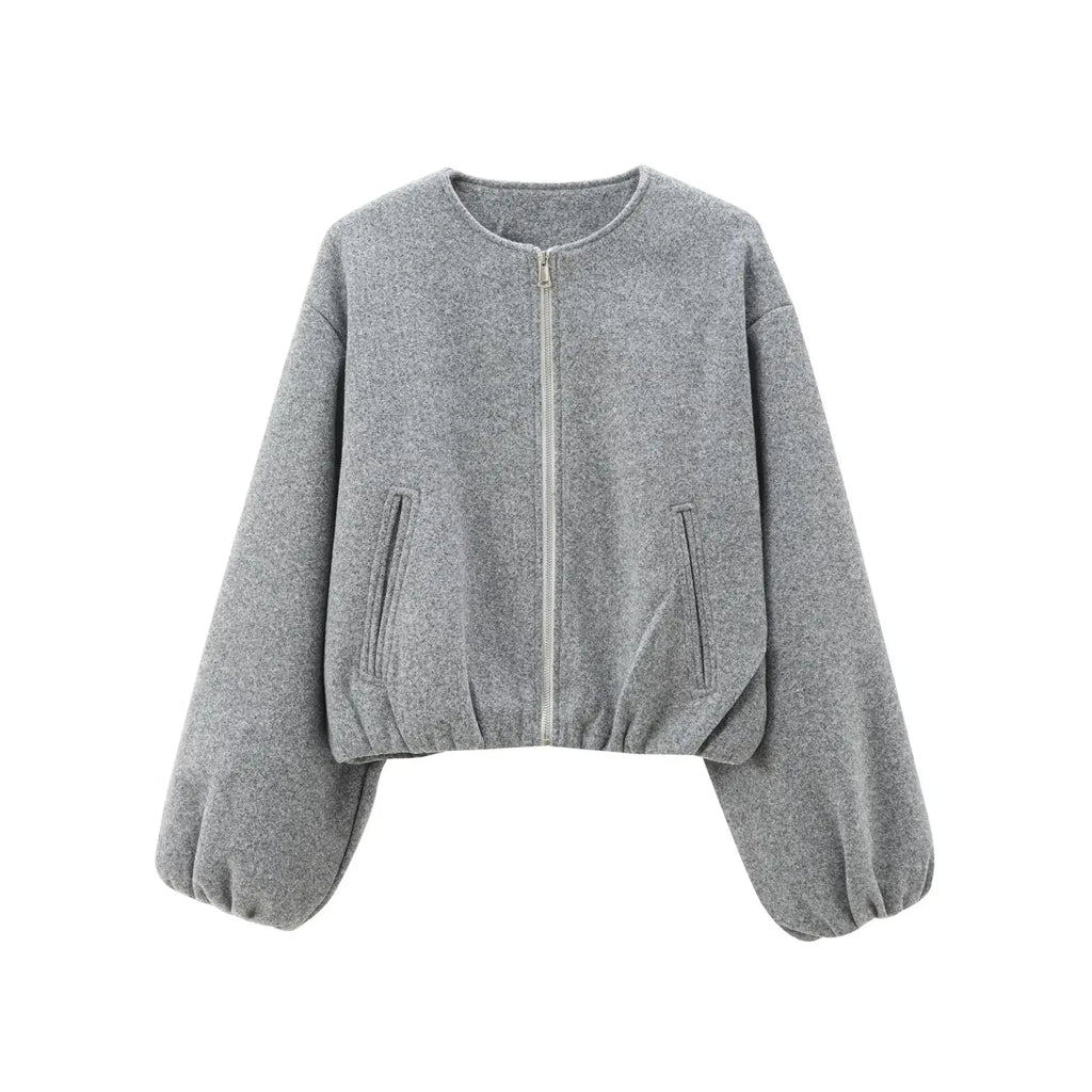 Women Fleece Bomber Jacket Cropped Zip Up Long Sleeve Sports Outerwear