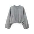 Women Fleece Bomber Jacket Cropped Zip Up Long Sleeve Sports Outerwear