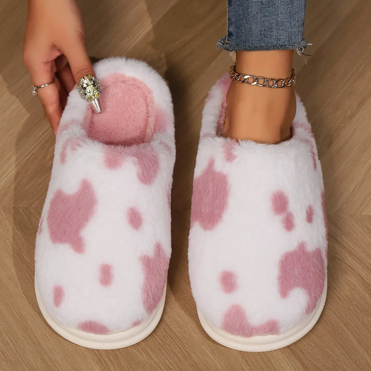 Cow Milk Fuzzy Slippers Women Winter Plush Soft Cozy Cartoon House Bedroom Shoes