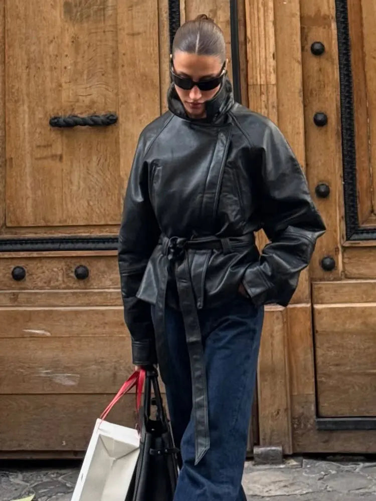 Women Black Faux Leather Trench Coat Belted Long Sleeve Lapel Motorcycle Style Jacket