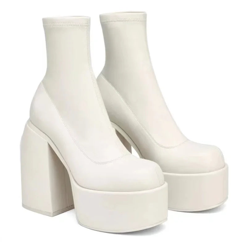 Women Square Toe Short Boots Leather Zipper High Heel Thick Sole Fashion Shoes