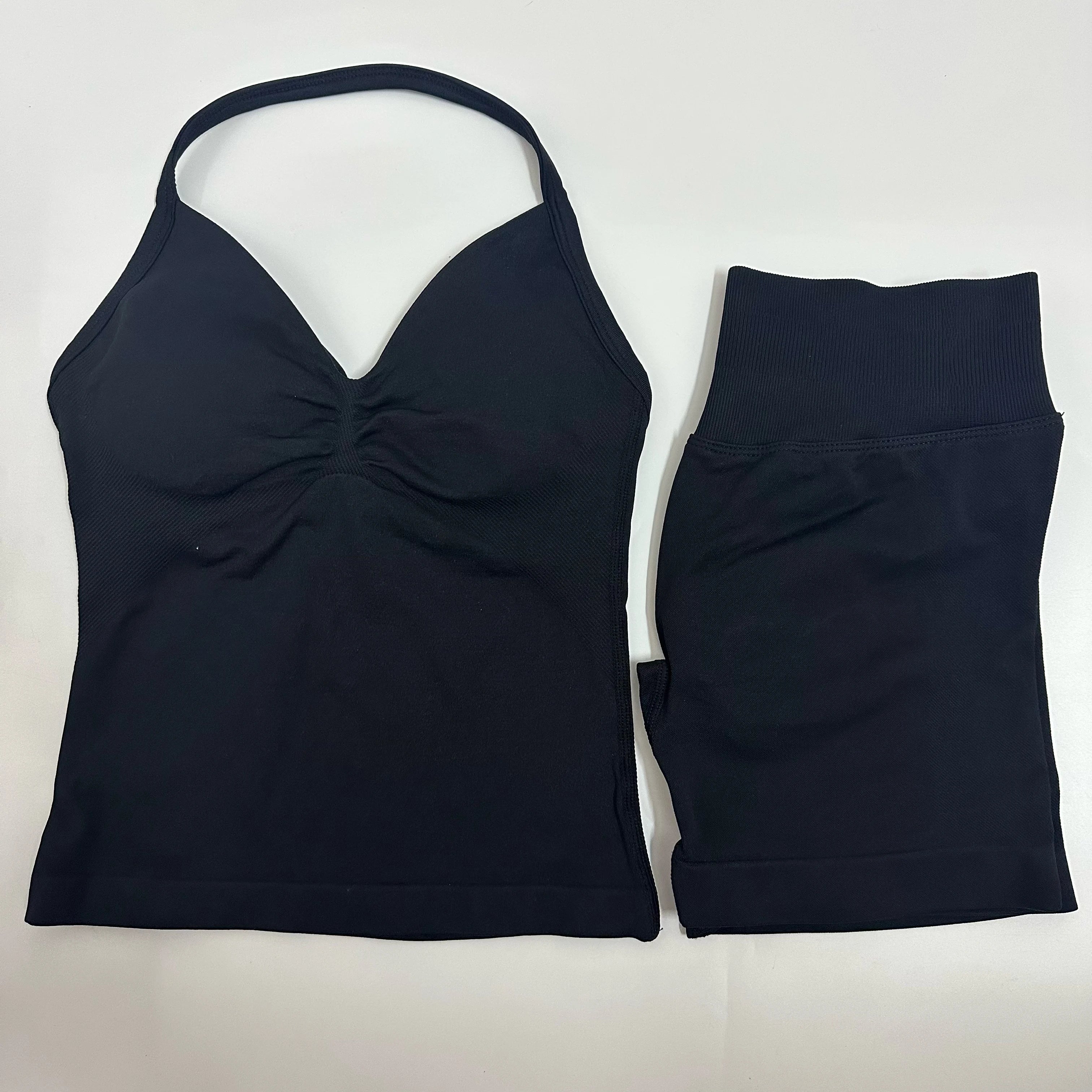 Seamless Yoga Set Women Strappy Tank Top Scrunch Shorts Gym Workout Outfit