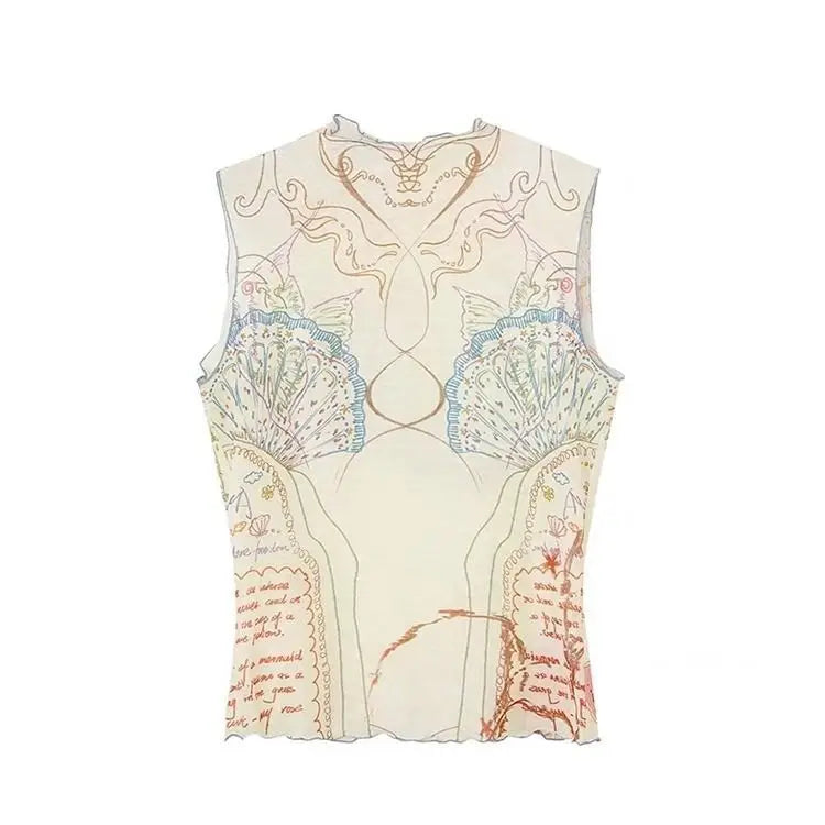 Y2K Mesh Print Crop Tank Top for Women Slim Fit Cami