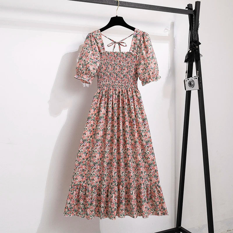 Women’s Chiffon A-Line Dress Short Sleeve Pleated Elastic Waist Casual Summer Dress