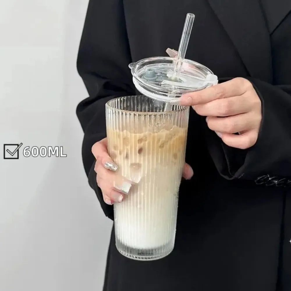 600ml Striped Glass Cup with Lid Straw Transparent Mug for Juice Water Iced Coffee