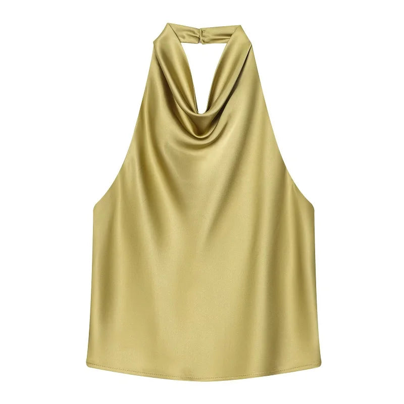 Women Satin Halter Backless Top Summer Beach Camisole Crop Top