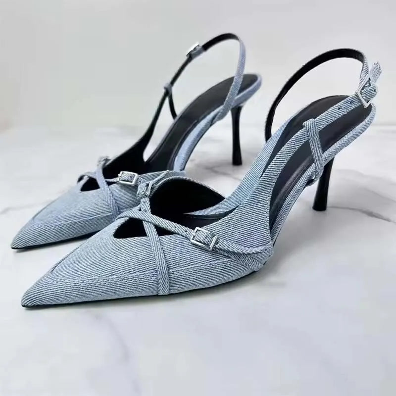 Pointed Toe Slingback Heels for Women Buckle Strap Party Pumps