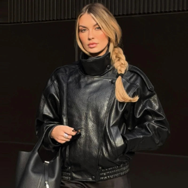 Women Black Cropped Faux Leather Bomber Jacket Oversize Zip Up Coat