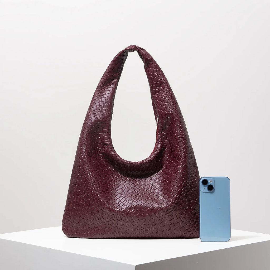 Vintage Woven Leather Shoulder Bag Large Capacity Crescent Tote for Women