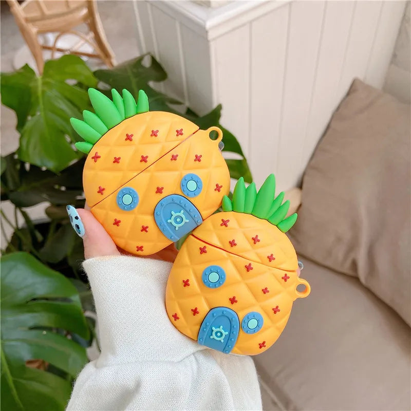 Pineapple Wooden Cartoon Silicone AirPods Case with Keychain Soft Cover