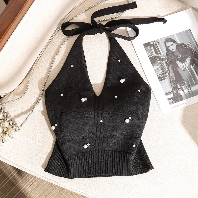 Beaded Halter Neck Knitted Vest for Women Backless Tie Knot Top