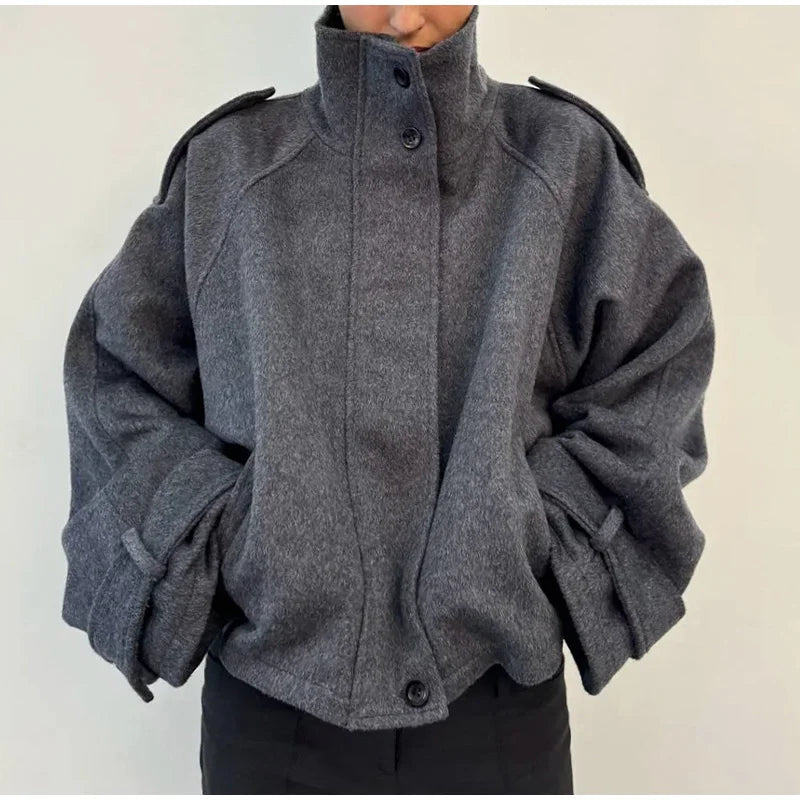 Women Stand Collar Wool Blend Jacket Loose Zip Up Coat